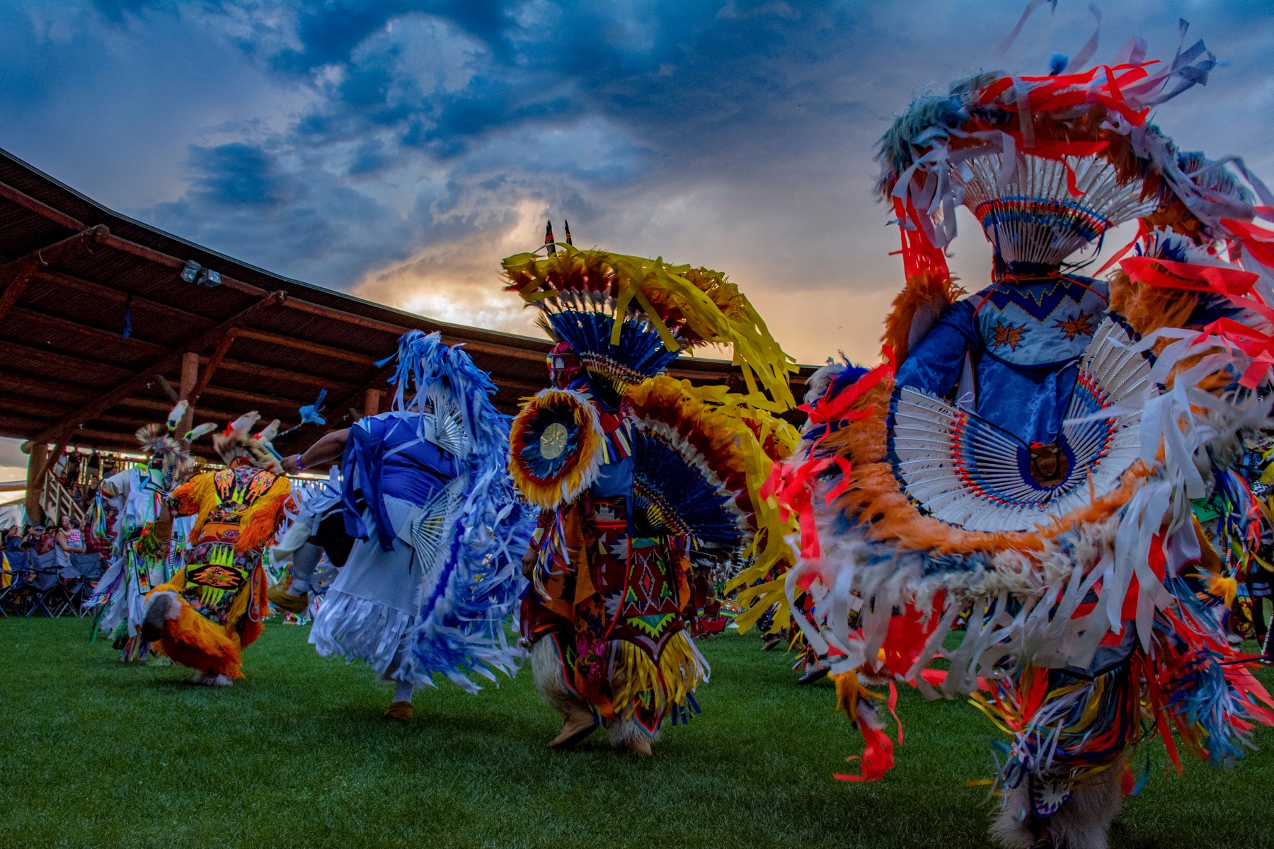 Dancers in colourful regalia at a powwow in Kamloops.