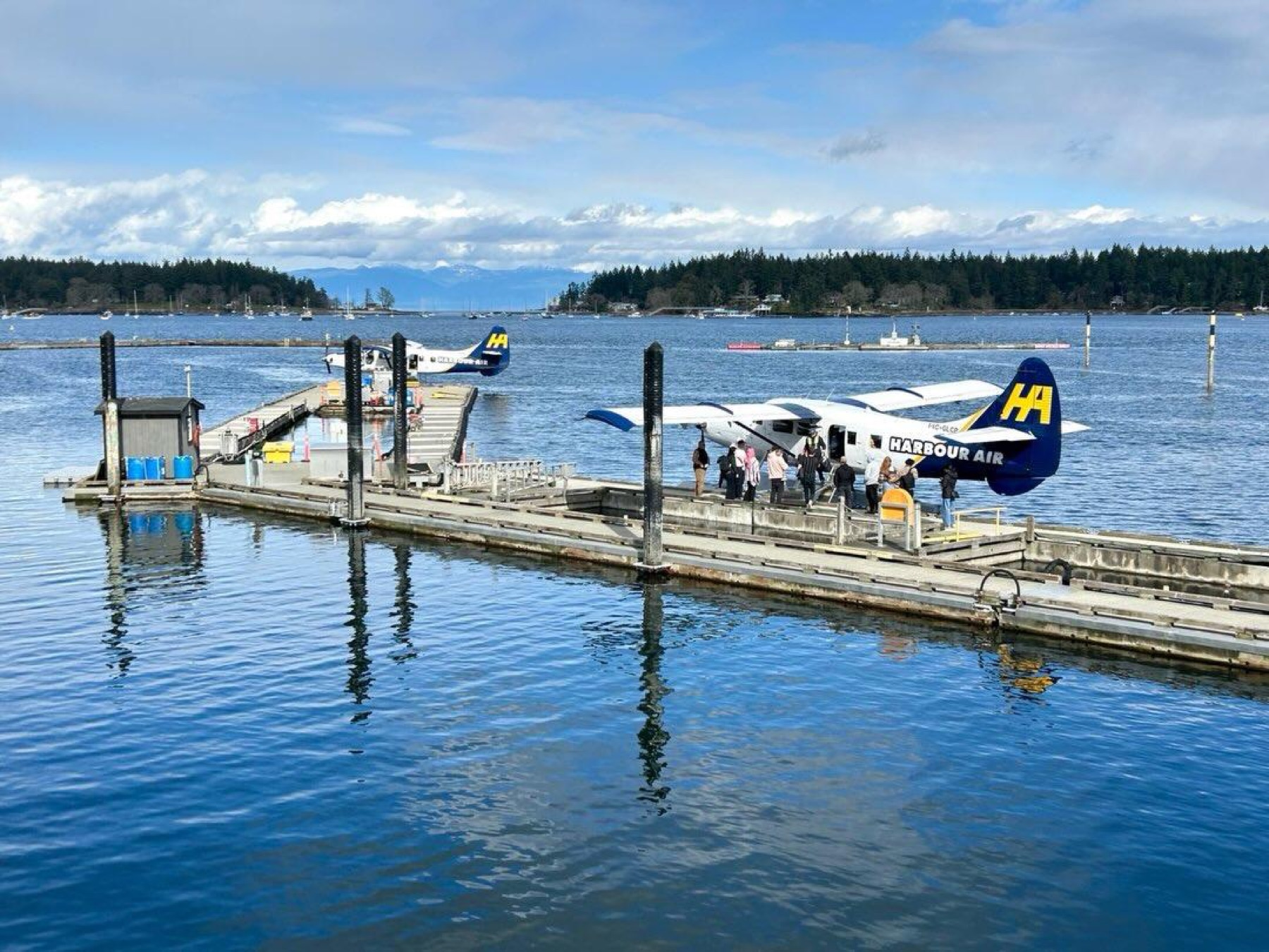 Harbour Air seaplane docked on the waterfront in Nanaimo.