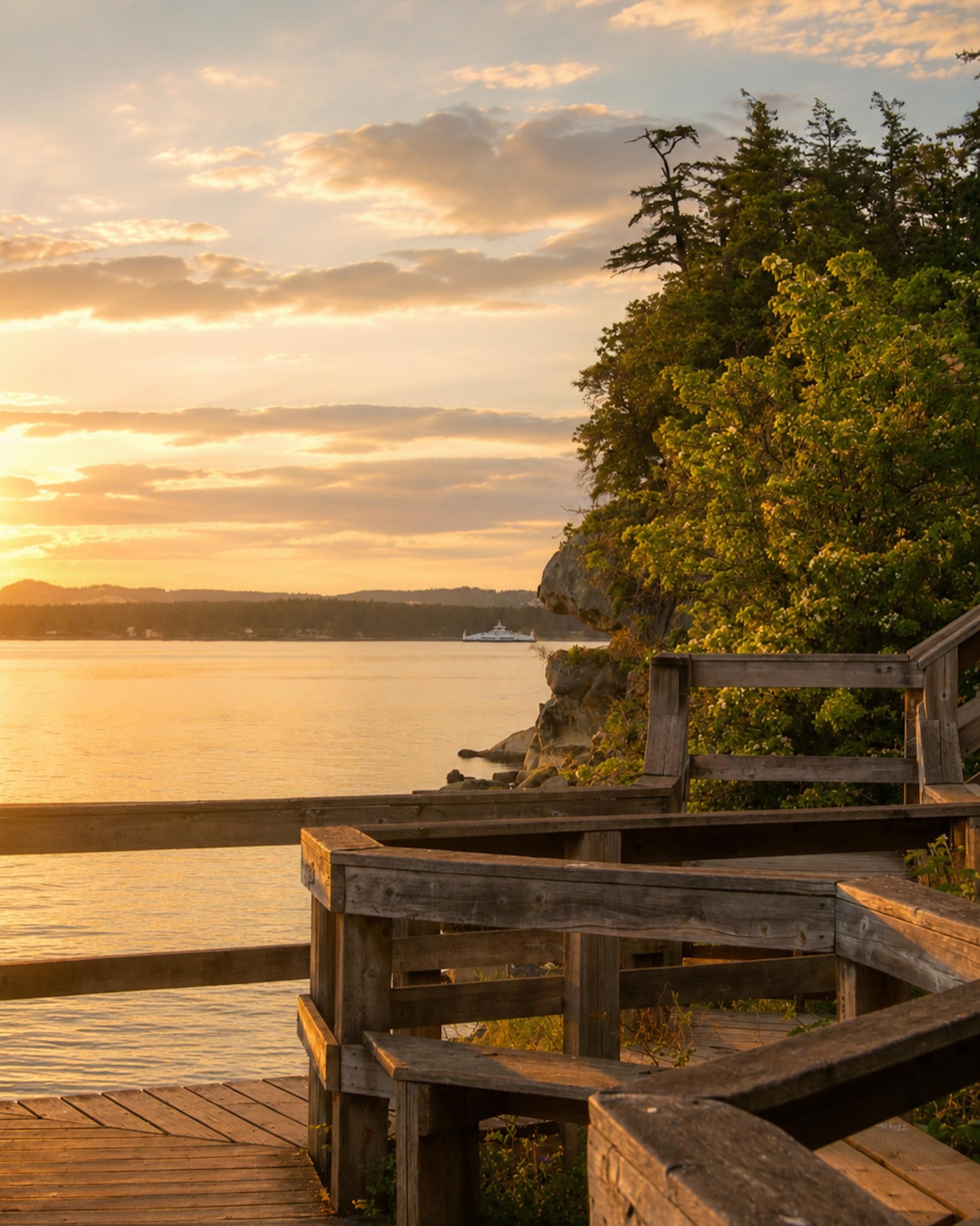 Nanaimo waterfront at sunset with rocky coastline and ocean views.
